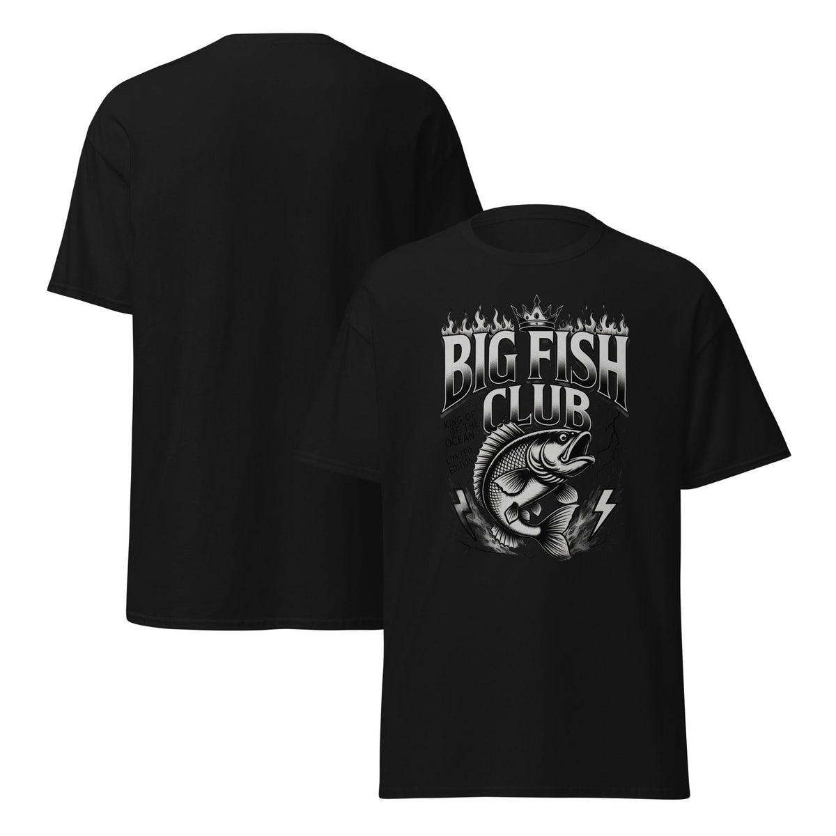 Big Fish Club graphic tee in black, front and back print - King of the Ocean fishing streetwear