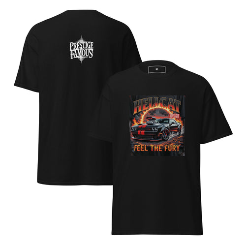 Hellcat Feel the Fury muscle car graphic tee in black, front and back print