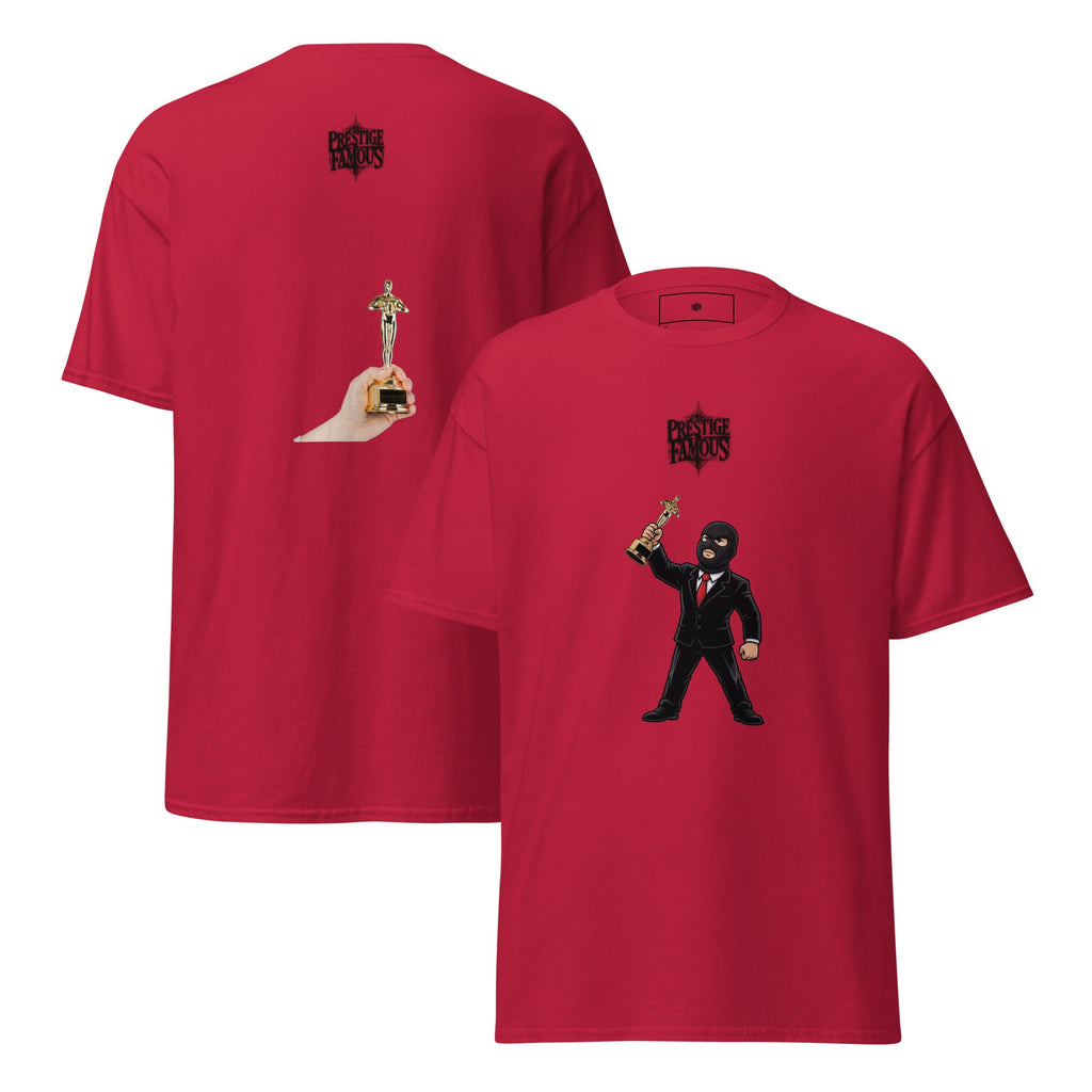 Prestige and Famous Trophy graphic tee in cardinal, masked award streetwear front and back print