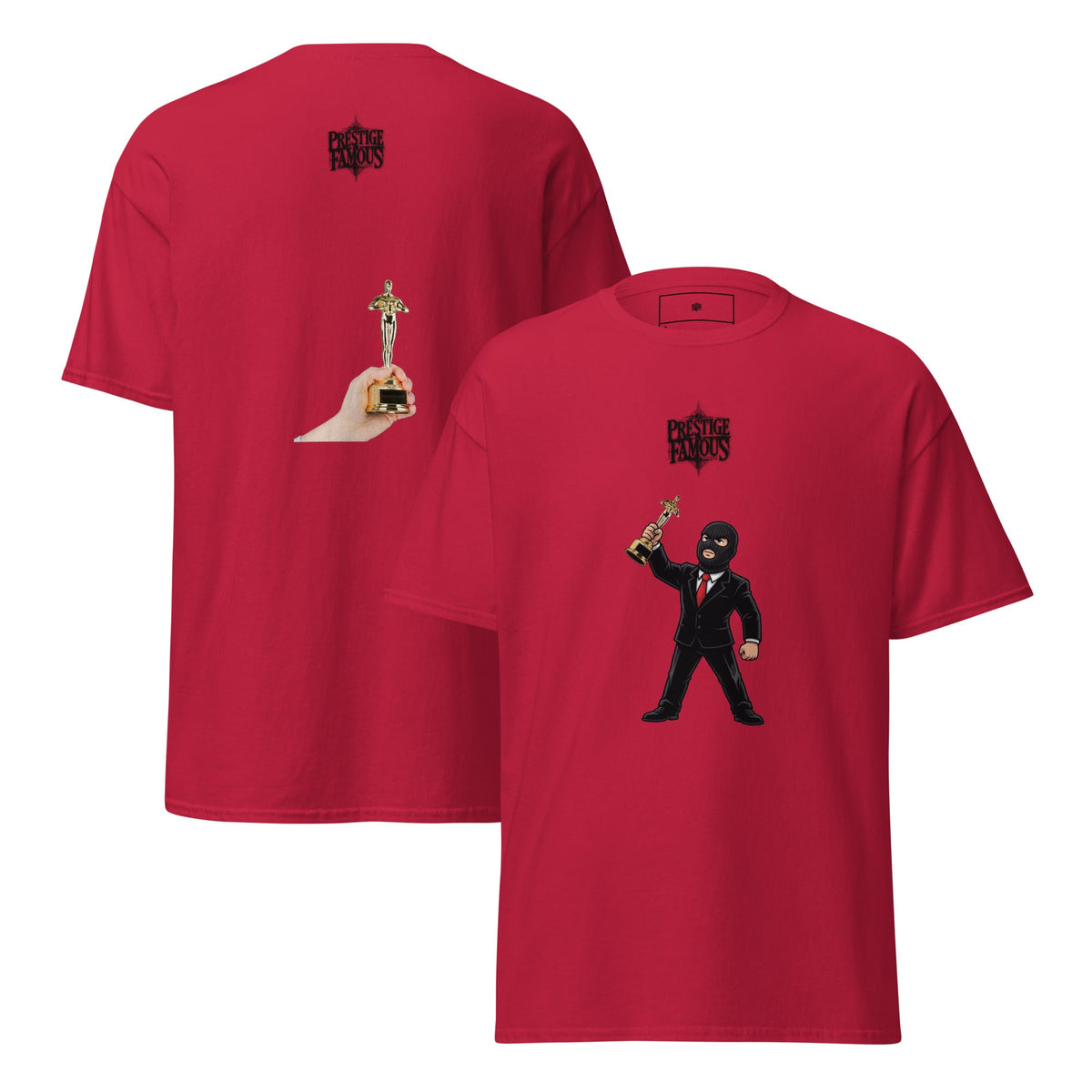 Prestige and Famous Trophy graphic tee in cardinal, masked award streetwear front and back print