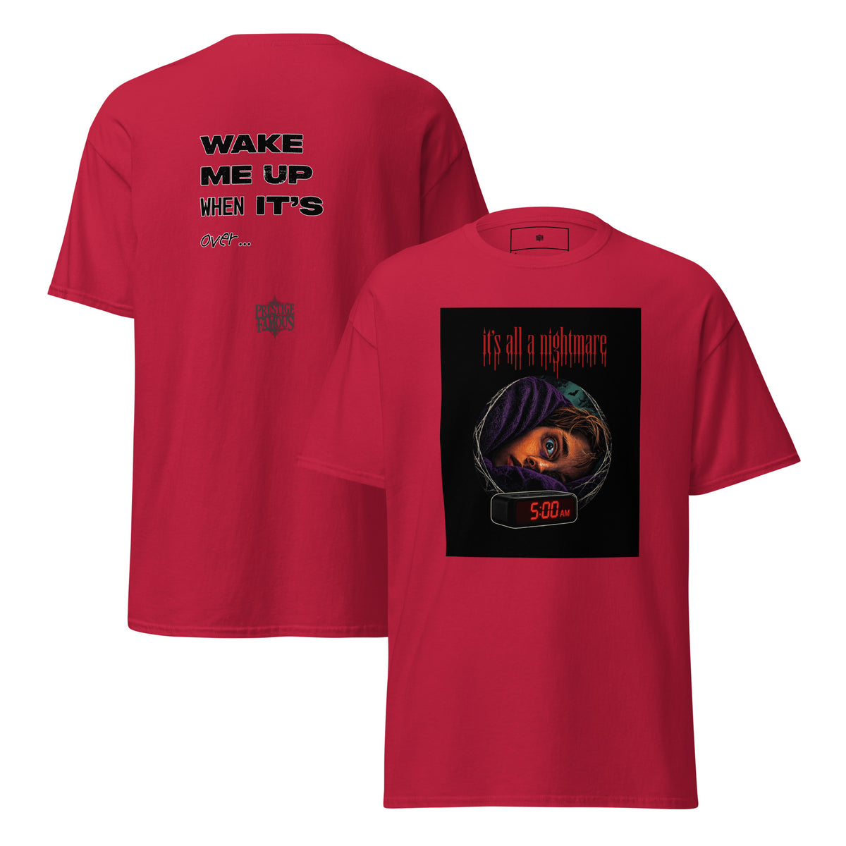 It's All a Nightmare 5AM graphic tee in cardinal, front and back print - horror streetwear