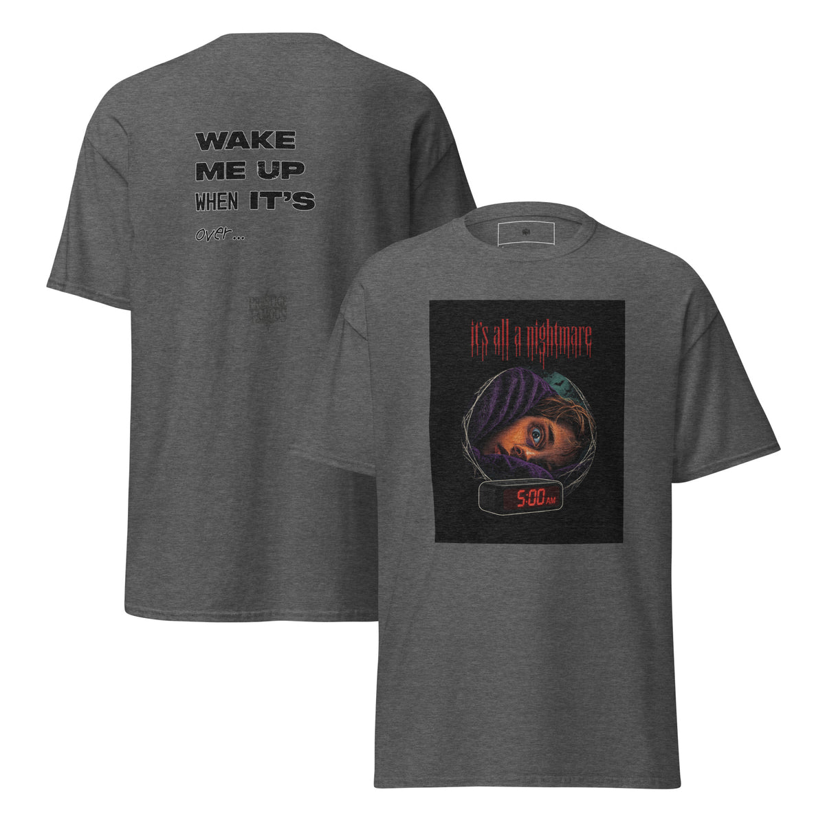 It's All a Nightmare 5AM graphic tee in dark heather, front and back print - horror streetwear