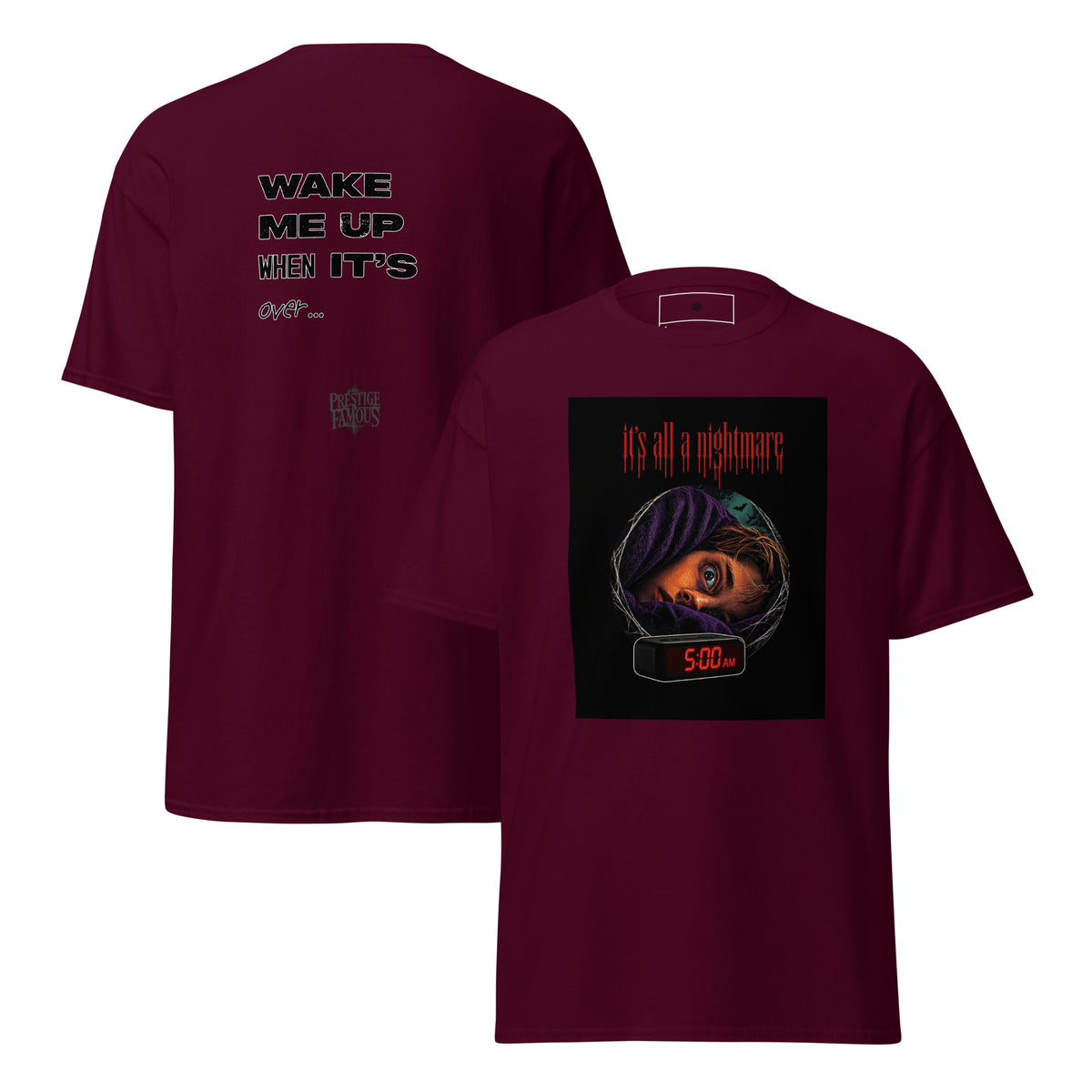 It's All a Nightmare 5AM graphic tee in maroon, front and back print - horror streetwear