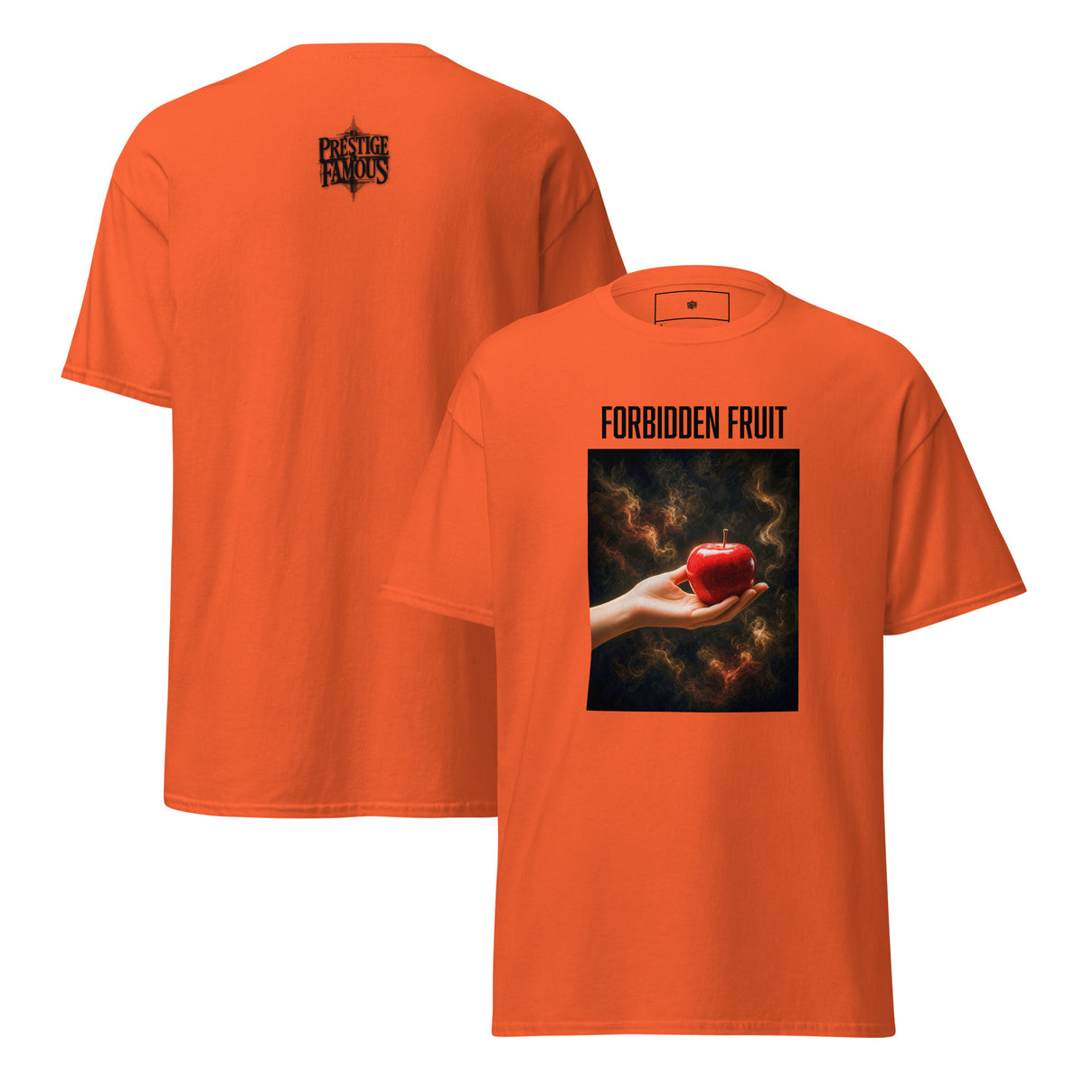 Forbidden Fruit graphic tee in orange, front and back print - temptation streetwear apple graphic