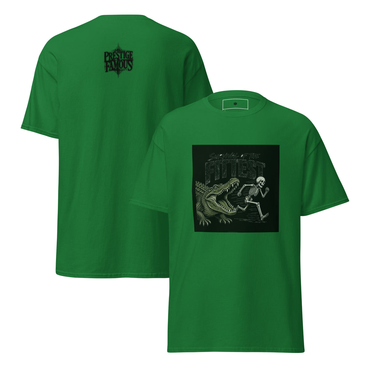 Survival of the Fittest Alligator graphic tee in turf green, front and back print - funny gator skeleton streetwear