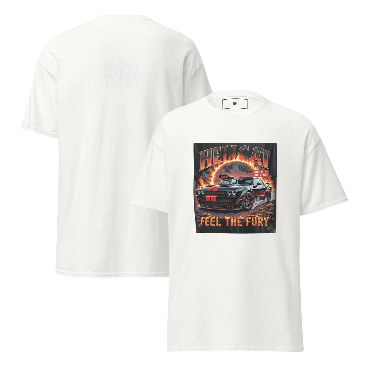 Hellcat Feel the Fury muscle car graphic tee in white, front and back print