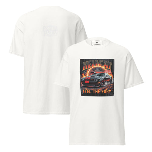 Hellcat Feel the Fury muscle car graphic tee in white, front and back print