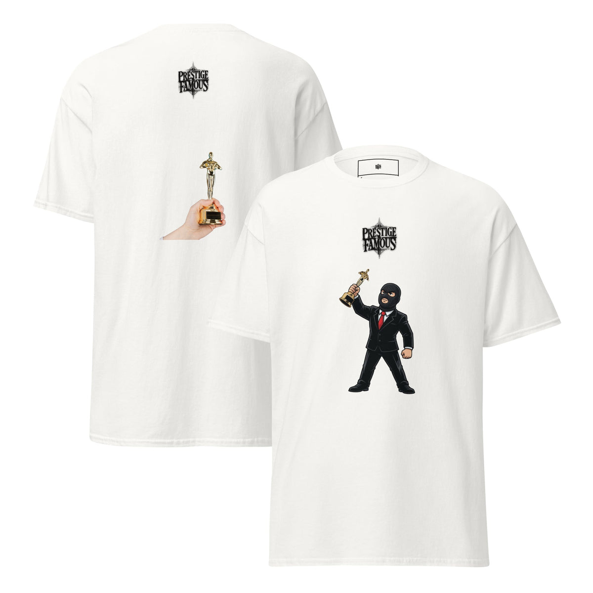 Prestige and Famous Trophy graphic tee in white, masked award streetwear front and back print