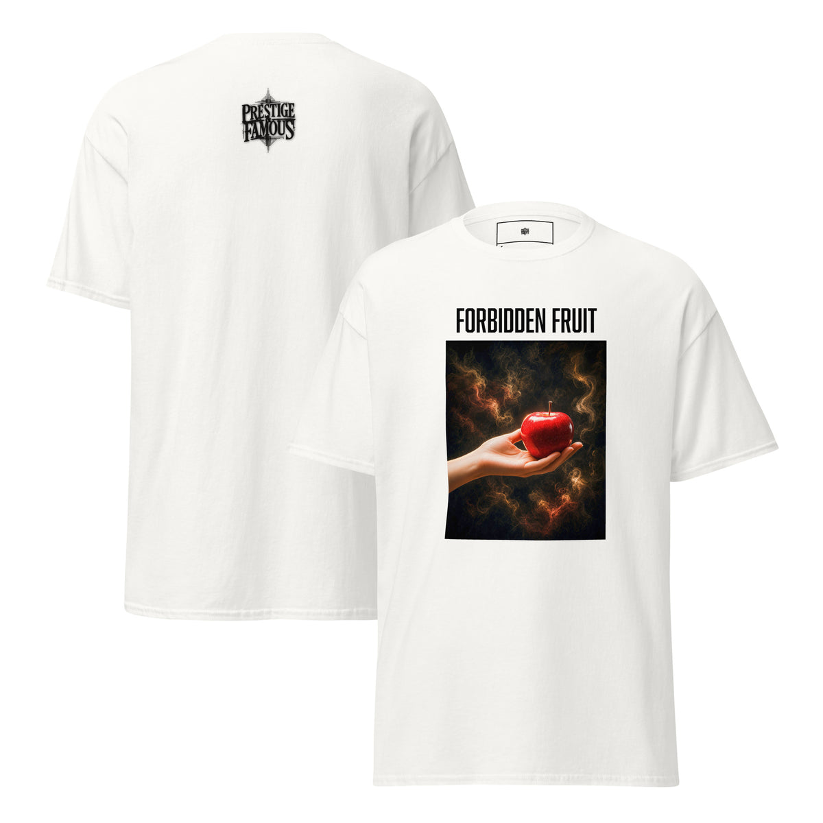 Forbidden Fruit graphic tee in white, front and back print - temptation streetwear apple graphic