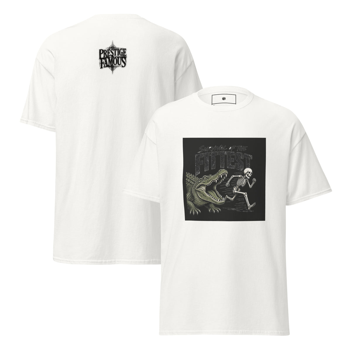 Survival of the Fittest Alligator graphic tee in white, front and back print - funny gator skeleton streetwear